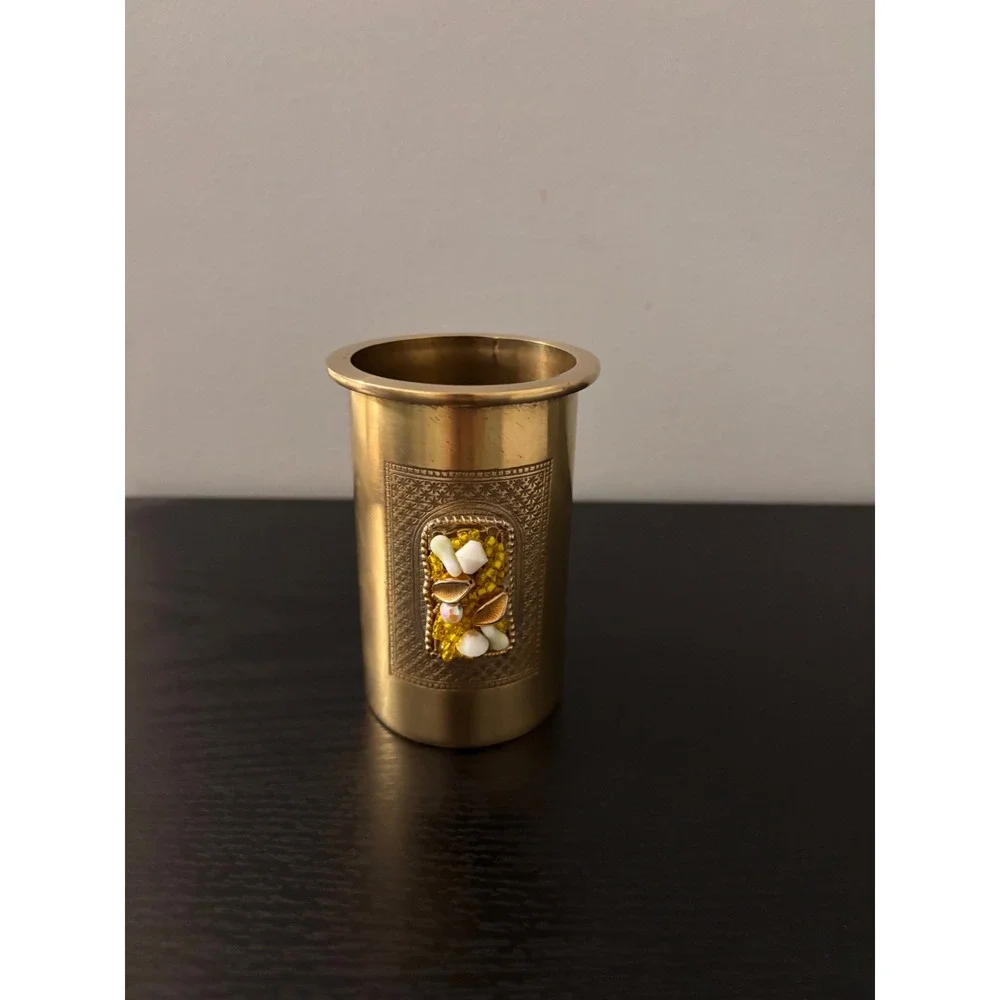 The Bombay Company Vintage Brass Jeweled Etched Cylinder Vase Pencil Pen Holder
